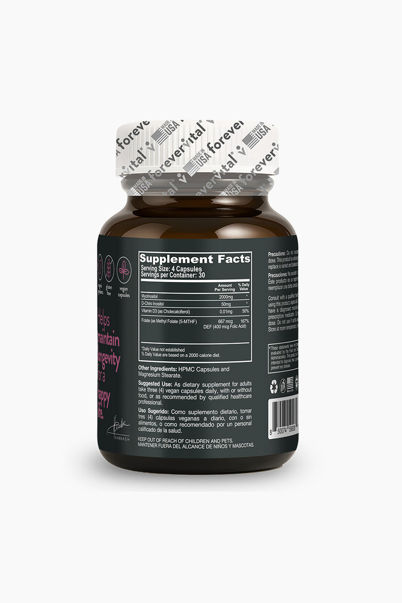 Back label of Forevervital Myo & D-Chiro Inositol showing supplement facts, ingredients, and dosage instructions for hormonal balance support.