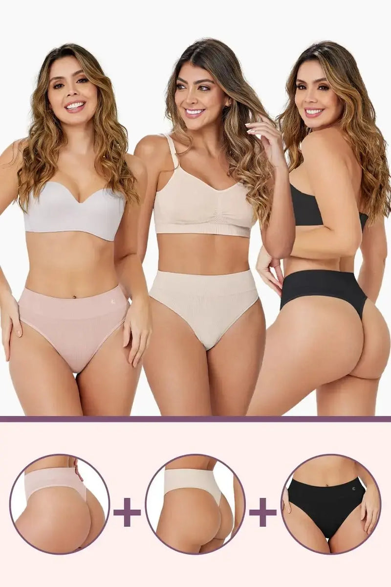 Pure Shape Thong 3 Pack Bundle with front and back views in blush, nude, and black, highlighting seamless shaping and everyday wear design.